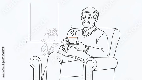 Elderly Man Relaxing in Armchair Holding Cup of Hot Beverage.