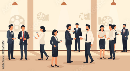 A flat design illustration portraying a lively networking event at the Berlin International Film Festival, with professionals engaging in conversation and exchanging contacts. 