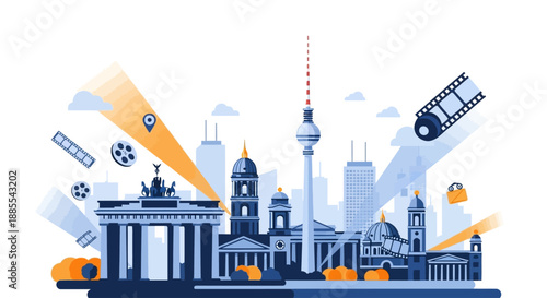 A flat design vector illustration showcasing Berlin's vibrant cultural landscape intertwined with the spirit of the International Film Festival. This clean graphic highlights the city's role as a hub 
