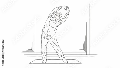 Elderly man stretching his body on a yoga mat.