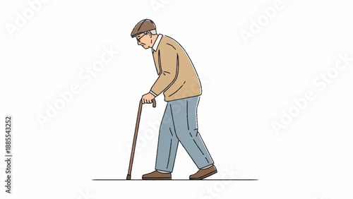 Elderly man walking with a cane illustration.