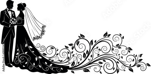 Elegant Wedding Couple Silhouette with Bride and Groom Holding Hands and Long Decorative Floral Swirl Pattern Dress Train Vector Illustration