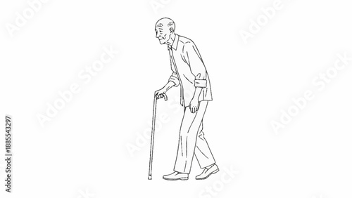 Elderly Man Walking with a Cane Line Drawing.