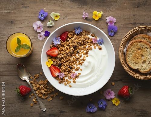 Healthy breakfast with yogurt and granola.