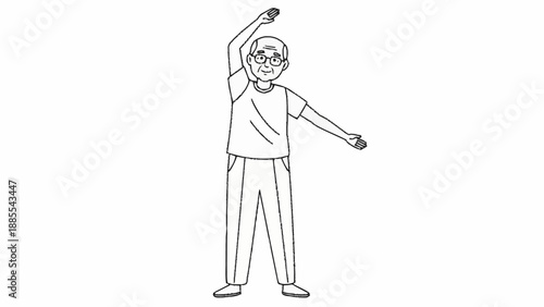 Elderly person doing arm exercises in a simple line drawing style.