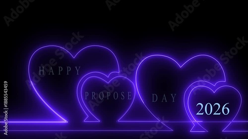 8th February Happy Propose Day 2026 neon sign animation with glowing heart icons on dark background for romantic love proposal celebration