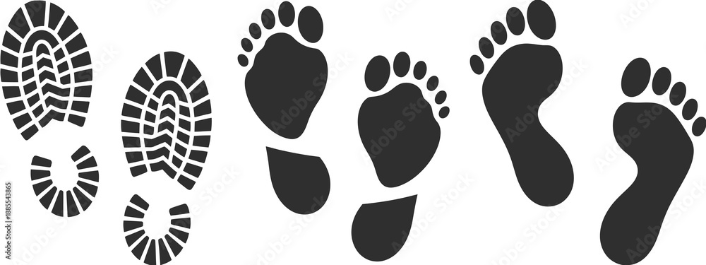 Fototapeta premium Footprints shoe prints barefoot prints walking steps icons, showcasing boot and sole print symbols for path guidance, movement, and navigation graphics.