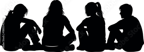 Group of four teenage friends sitting together on floor talking black silhouettes vector illustration isolated on white background