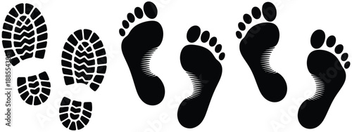 Footprints shoe prints barefoot prints walking steps icons, featuring boot prints and sole prints for direction, trail, and signage design use.