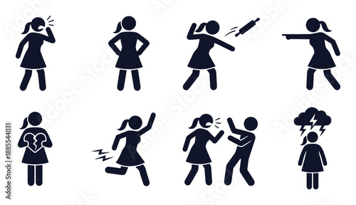 Angry woman icon set. Stick figure black silhouettes – shouting pose, pointing blame, broken heart, slap action, storm cloud mood, object throw. Flat vector pictograms