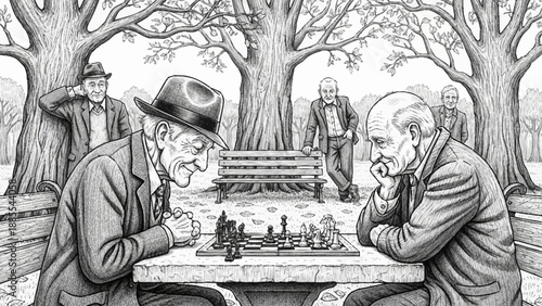 Elderly men playing chess in a park on a sunny day.