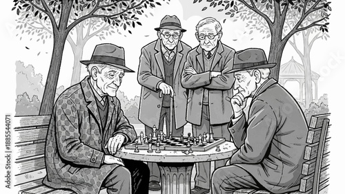 Four elderly men playing chess in a park setting.