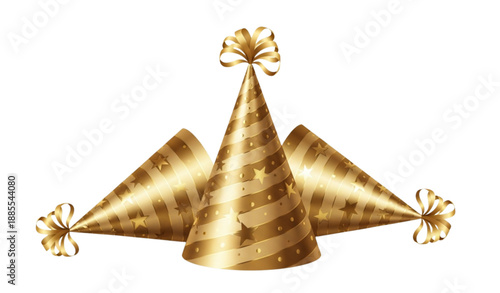 Realistic birthday party cone hats with gold ribbons vector illustration