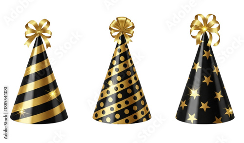 Gold and black party hats vector set for birthday and festive celebration