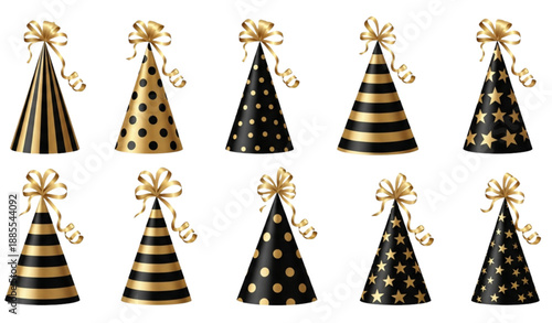 Festive black and gold birthday party hats vector set isolated on white