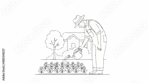 Gardener watering plants in a garden with a house in the background.