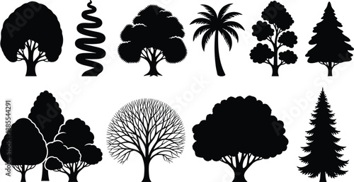 Collection of diverse black tree silhouettes including palm pine oak and leafless trees vector forest set isolated on white background for creative design