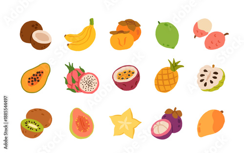Set of tropical fruits. Persimmon, banana, pineapple, etc. Vector illustration of exotic fruits on a white background.