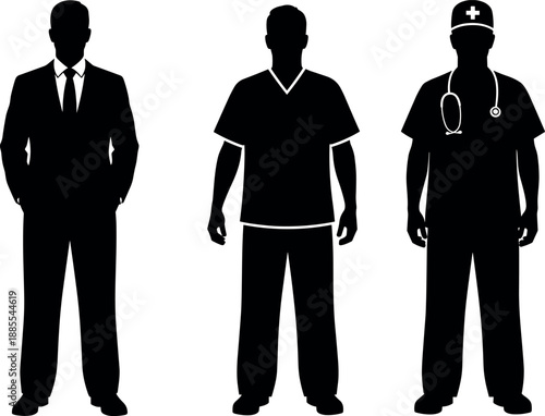 Three Professional Men Silhouettes Businessman Nurse and Doctor with Stethoscope Vector Illustration Isolated on White