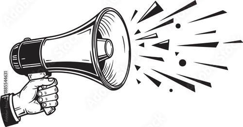 Hand holding a vintage megaphone emitting sound waves and geometric shapes symbolizing announcement promotion and public speaking in a bold