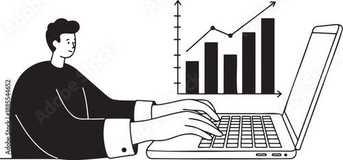 Modern business analyst diligently working on laptop with rising bar graph and line chart illustrating financial growth and data analysis
