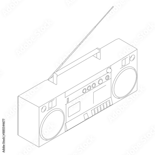 A vintage boombox tape recorder with a rectangular shape, top handle, front buttons, and side knobs and speaker.