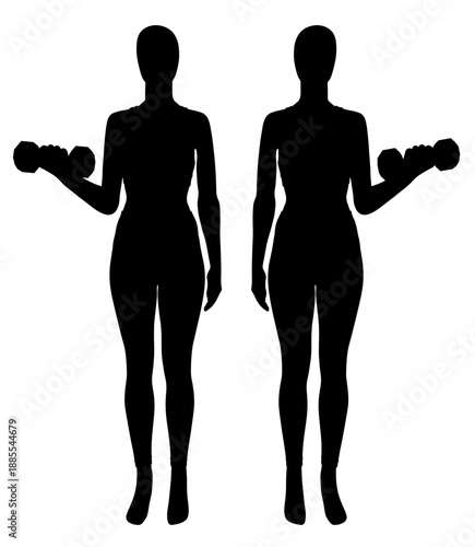 Two black silhouettes of a woman in a suit holding dumbbells stand against a stark white background, representing fitness and business.