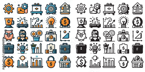 startup business icons - office, finance & growth vectors and silhouettes on white background