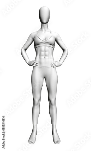 A female mannequin in a polygonal sports suit stands confidently with hands on hips against a clean white background.