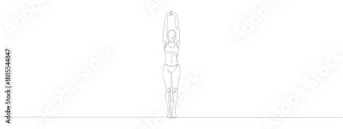 Continuous line drawing of a woman practicing yoga. Minimalist vector illustration of a female standing with arms raised for wellness and fitness design.
