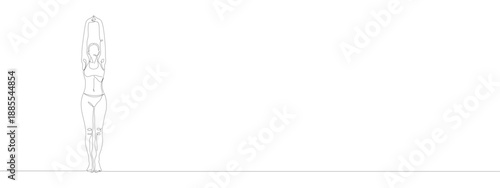 Continuous line drawing of a woman practicing yoga. Minimalist vector illustration of a female standing with arms raised for wellness and fitness design.