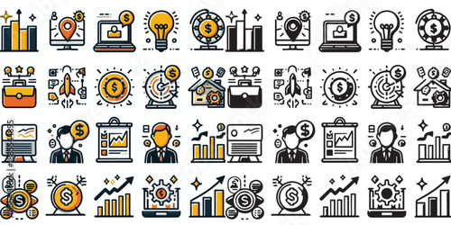 startup business icons - office, finance & growth vectors and silhouettes on white background