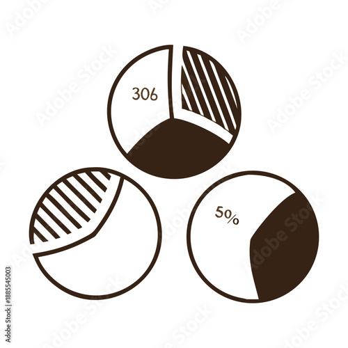 Monochrome pie charts illustrating data analysis with numerical values and percentages, ideal for business, finance, and educational presentations, isolated on
