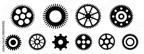 Gear wheel icon set, showcasing simple gear and cogwheel symbols designed as a clear vector collection for mechanical and technical graphics.