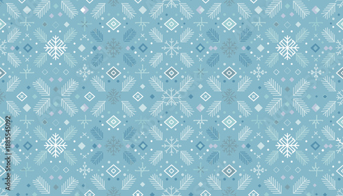 Winter Nordic seamless pattern with snowflakes and fir branches on a cool blue background