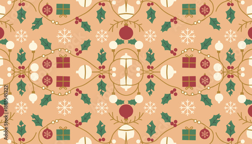 Seamless vintage holiday pattern featuring festive ornaments holly gifts and snowflakes