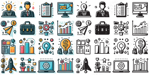 startup business icons - office, finance & growth vectors and silhouettes on white background
