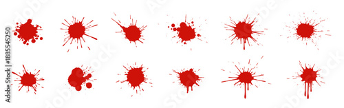 Set of red paint splatters and blood drips. Vector illustration of ink blots and stains for grunge or halloween design.