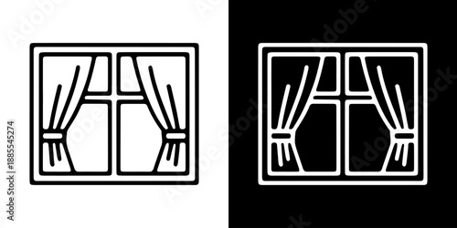 Window icon with curtains in outline and glyph styles. Vector illustration of a home window frame isolated on white and black backgrounds.