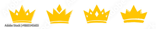 Set of five hand-drawn gold crown silhouettes. Rough brush style vector illustrations of gold royal symbols arranged in a row.