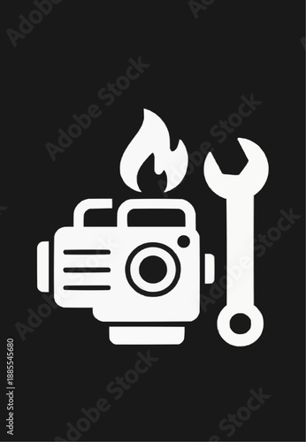 Icon depicting heating system repair and maintenance, featuring a furnace with flames and a wrench. Symbolizes essential technical support for industrial and home boilers