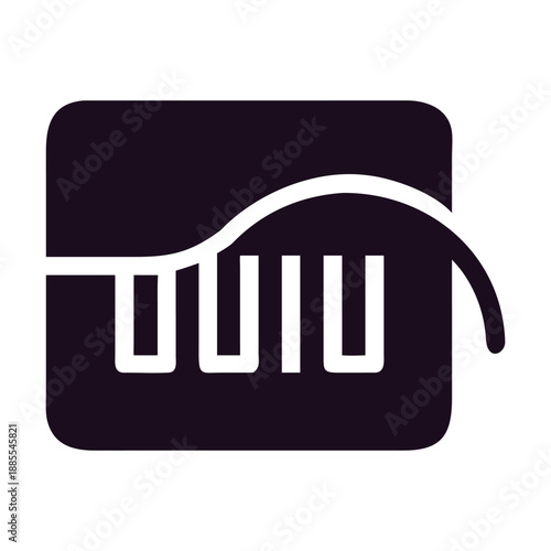 Abstract dark purple icon with white stylized piano keys and a flowing musical wave, representing music, sound, and creativity, isolated on
