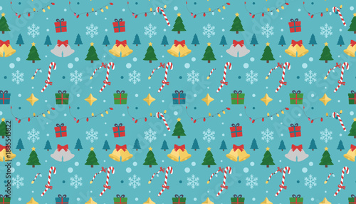 Festive seamless Christmas pattern with gifts trees candy canes and snowflakes on a blue background