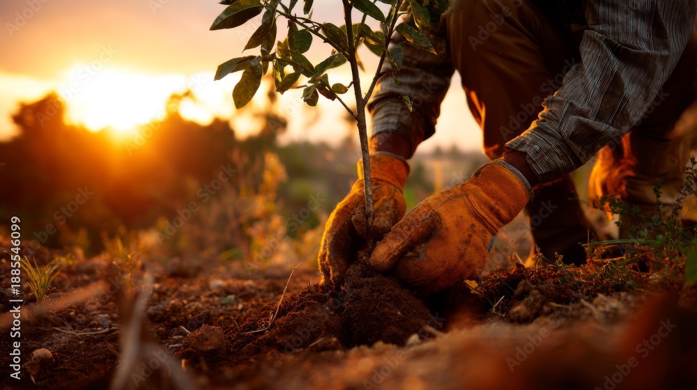 Obraz premium Sunrise Gardening: A Person Planting a Young Tree in Rich Soil Amidst Lush Nature Under Golden Sunlight in a Beautiful Landscape Setting