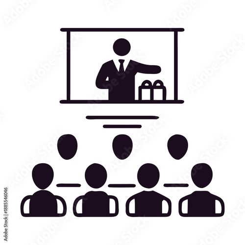A minimalist black and white silhouette icon depicts a speaker giving a presentation or lecture to an audience, symbolizing education, business meetings, public speaking, training, and conferences