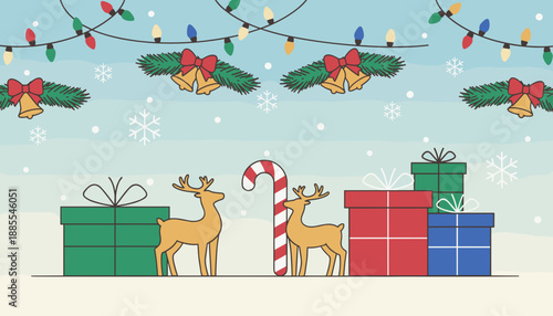 Holiday scene with reindeer gifts candy cane lights bells and snowflakes Christmas greeting background