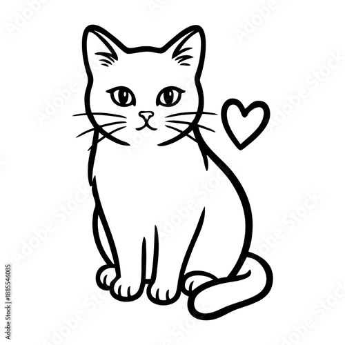Dibujo sencillo con líneas de un gato simpático con un corazón