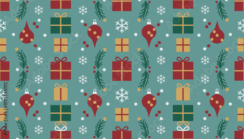 Seamless Christmas pattern with gifts ornaments snowflakes and pine branches Holiday vector background