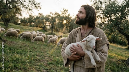 Jesus the shepherd tends his flock in a pastoral landscape at sunset. A concept of spiritual care and guidance in a religious theme. Christianity, Orthodoxy.	

