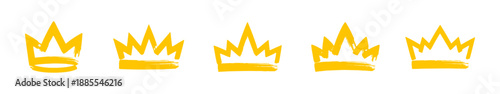 Set of five hand-drawn gold crown silhouettes. Rough brush style vector illustrations of gold royal symbols arranged in a row.